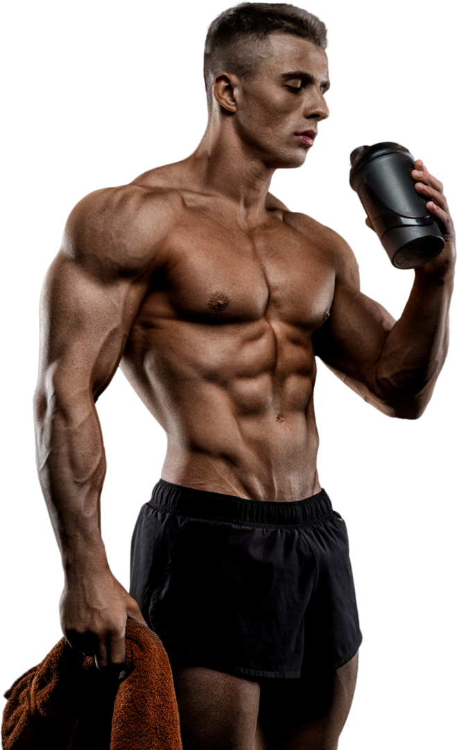 Bodybuilder drinking a protein shake in a dimly lit gym